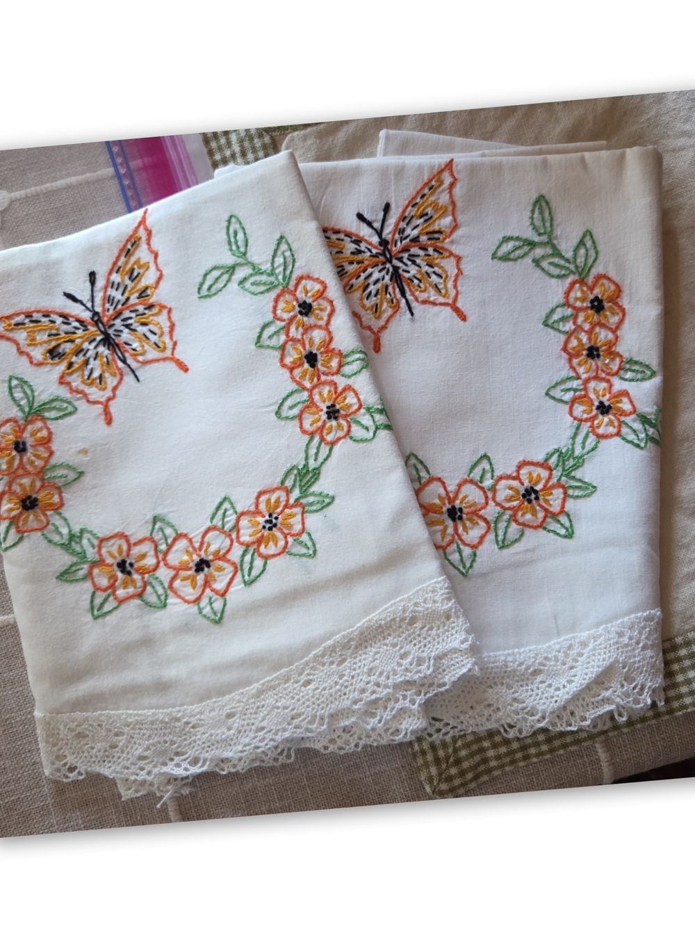 Vintage Embroidered Butterfly Pillowcases Set Of 2